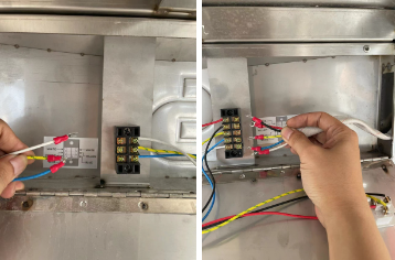 Two side by side images of hands fixing the wiring on a Chapman makeup vanity